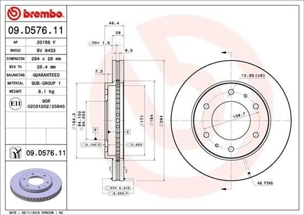 Disque de frein Pick-up Brembo 09.D576.11 pour Freinage en Charge OE