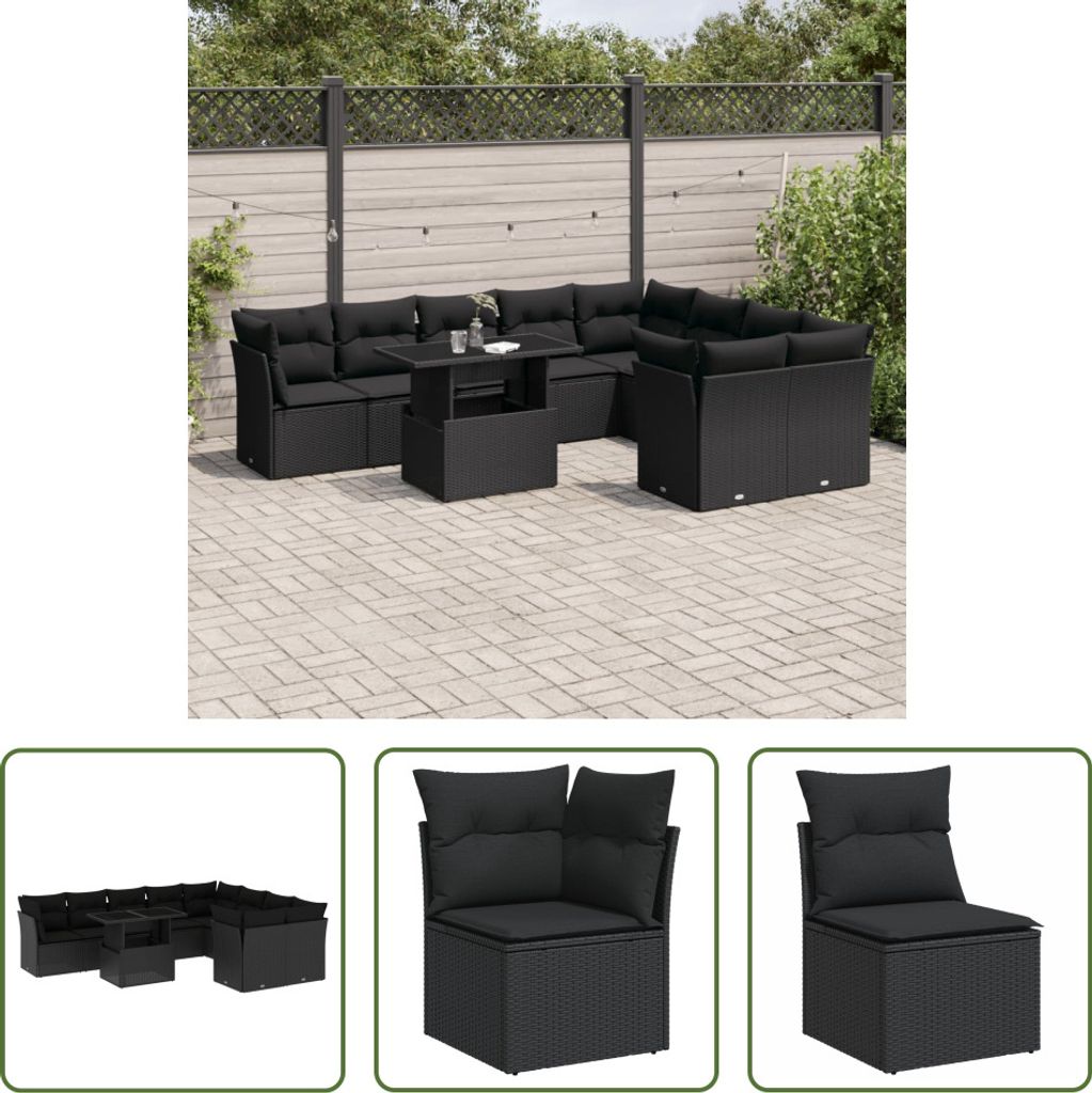 The Living Store 10-tlg. Garten-Sofagarnitur mit Kissen Schwarz Poly Rattan