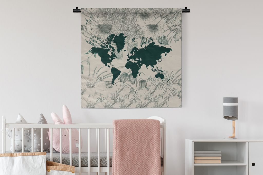 MuchoWow Wandteppich Wandbehang Weltkarte - Blumen - Pflanzen 90x90 cm Tapisserie Dekoration Wandtuch - Wandaufhänger