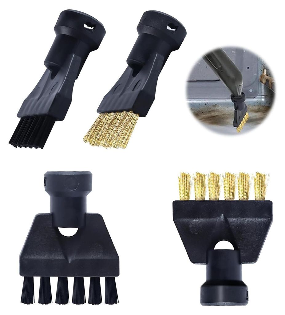 Multiple steam cleaner brush attachments with black plastic bases and bristles, some black and some brass.