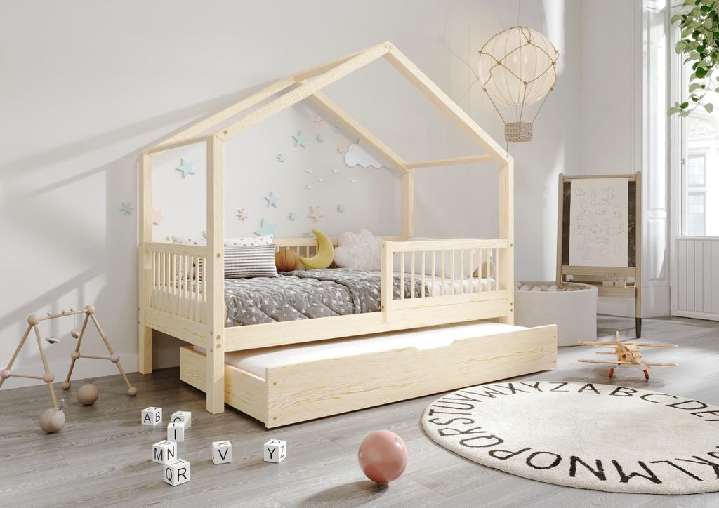 TIMBEE MURLO Duo Hausbett Doppelbett Kinderbett Holz Bett mit Schublade mit Schlaffunktion - Unlackiert - 70x140cm
