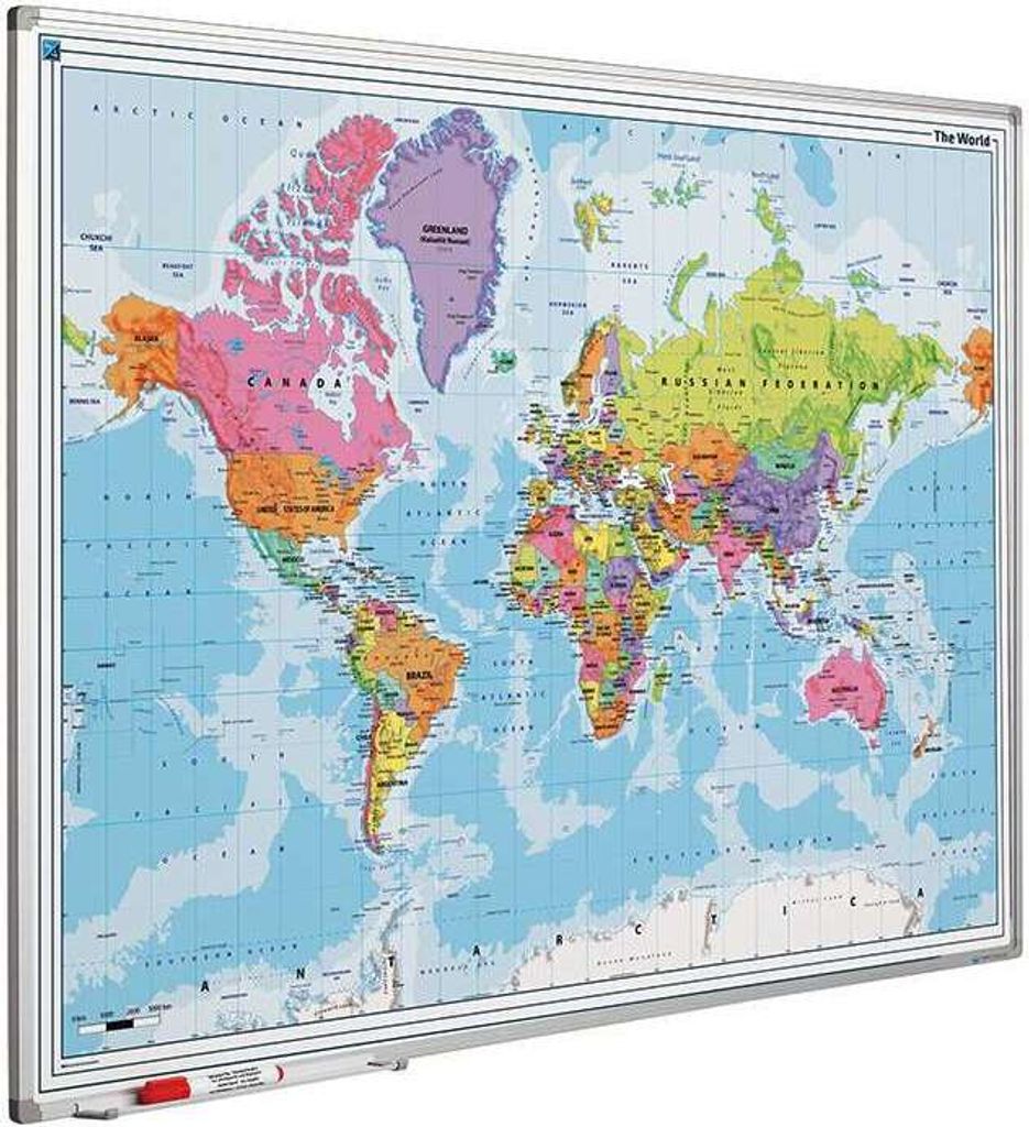 Magnetisches Whiteboard Politische Weltkarte | HxB 90x120cm | inkl. Befestigungsmaterial & Stiftablage | Sublimationsstahl