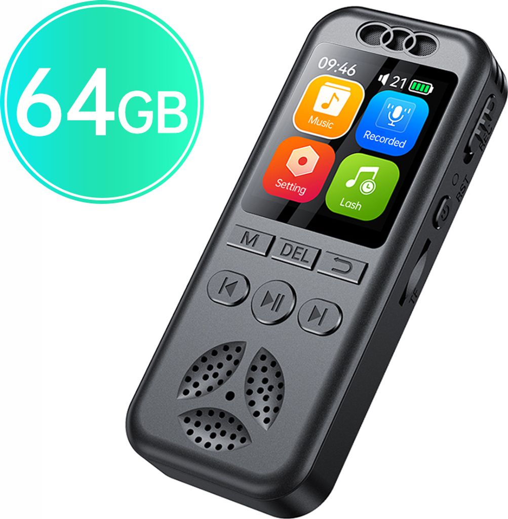 64GB Digitales Diktiergerät, MP3-Player, Timing, sprachaktiviert, Rauschunterdrückung Wiedergabe, 1,44 Zoll großen Farbbildschirm