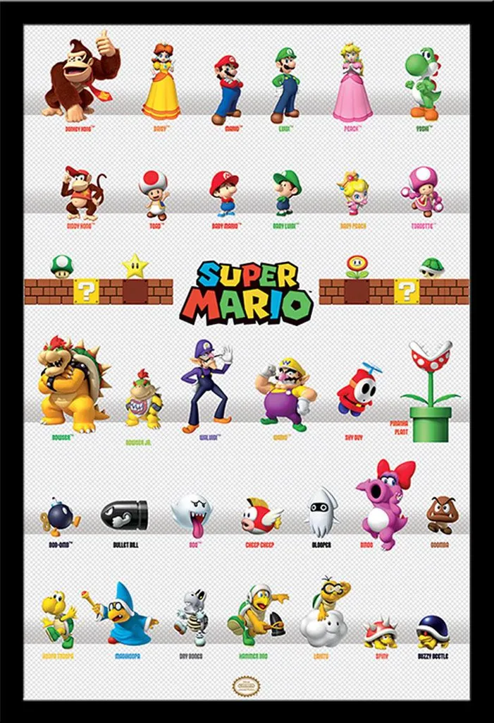 Nintendo - Poster - Super Mario - Parata di personaggi + cornice rimovibile, Shinsuke® Maxi MDF nero, disco acrilico