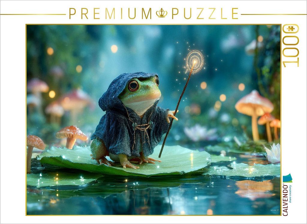 CALVENDO Puzzle Magischer Frosch mit Zauberstab auf dem Seeblatt | 1000 Teile Lege-Größe 64x48cm Foto-Puzzle für glückliche Stunden