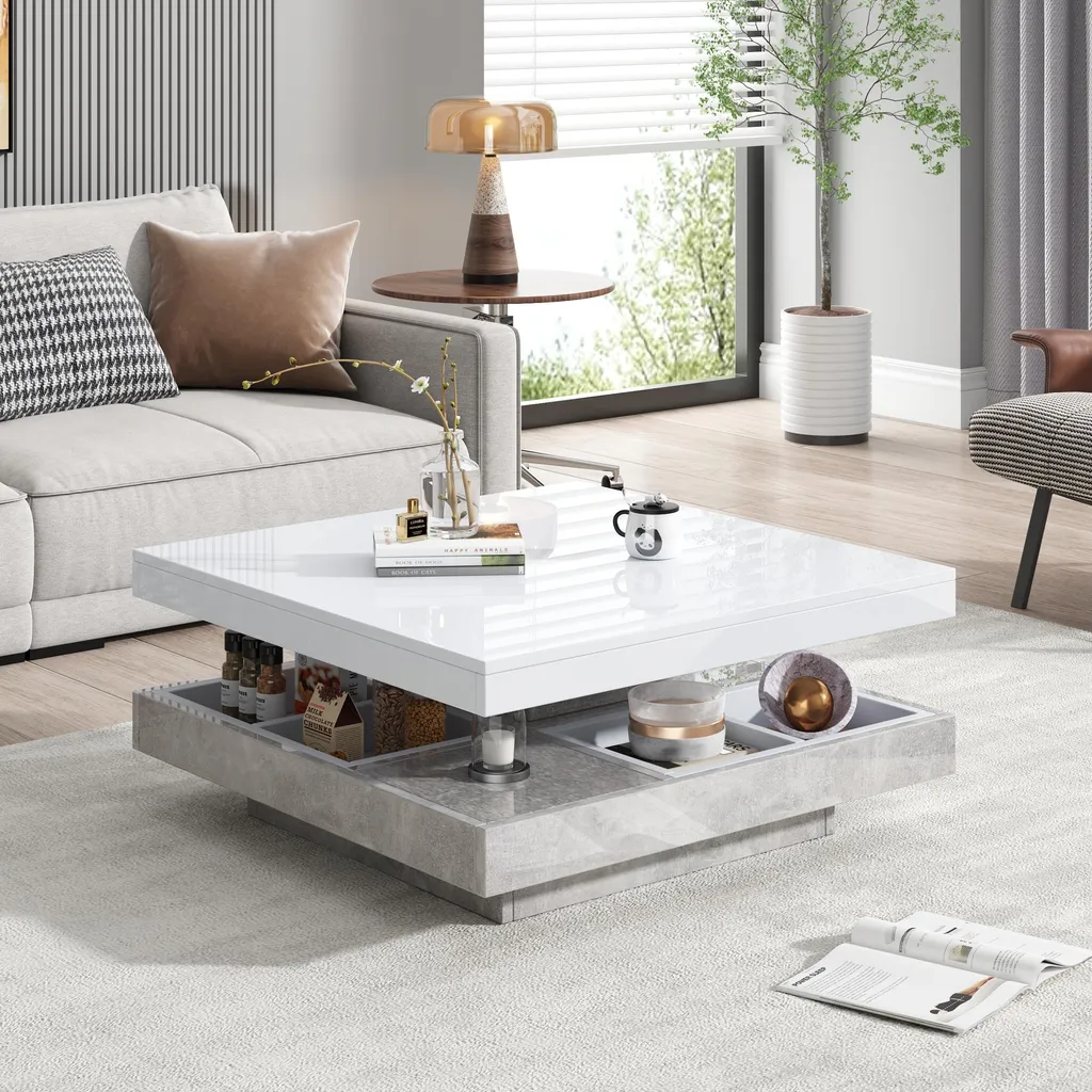Table Basse de Salon Rotative Blanche Design Moderne avec Compartiments