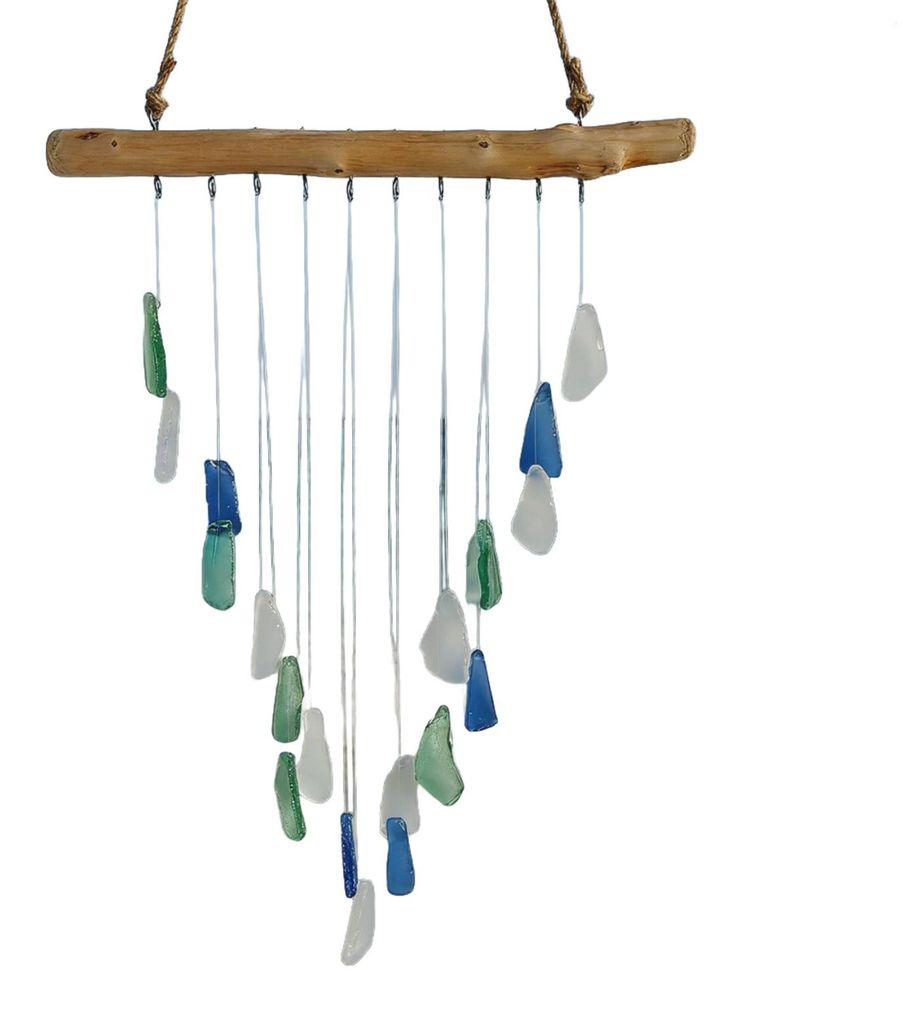 Handgefertigtes Windspiel aus Treibglas für den Außenbereich im Küstenstil, ideal zum Aufhängen im Garten, Hinterhof oder als Dekoration für d...