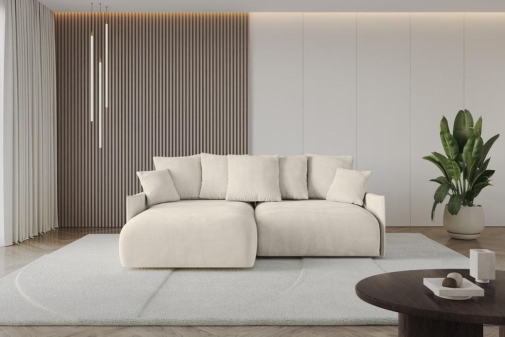 ALTDECOR Ecksofa mit Schlaffunktion und Bettkasten ONESK-L 216x177x72 cm Beige - Corner Sofa Eckcouch Couch L-Form angeordnet Schlafcouch Ausziehba...