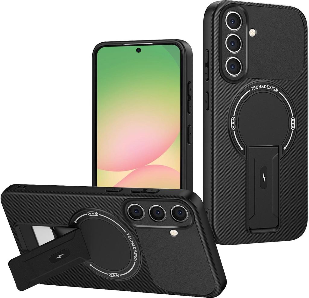 Hülle für Samsung Galaxy A36/A56 Magnetisch Carbonfaser Design TPU Hybrid Handyhülle mit Ständer Schwarz