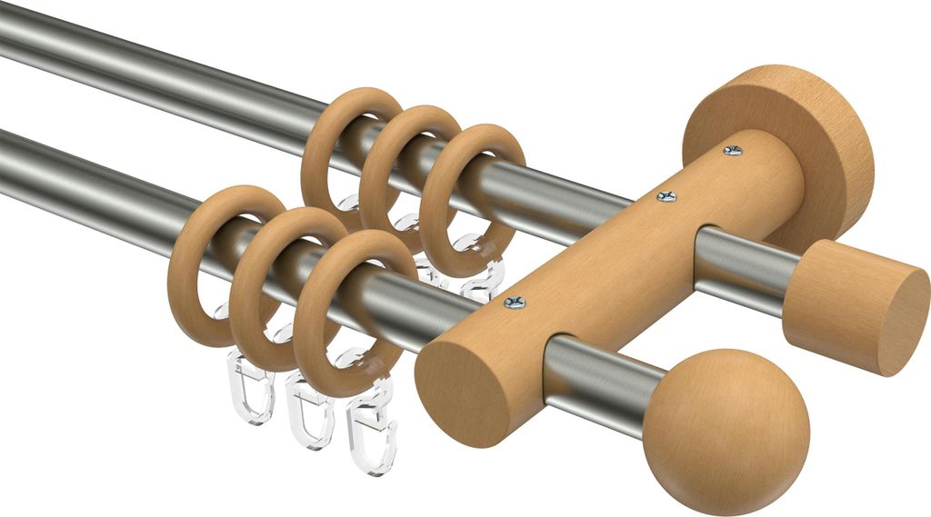 Interdeco Gardinenstange / Vorhangstange Edelstahl-Optik / Buche lackiert, Typ Adrian Geo (Kugel), 16 mm Ø 2-läufig, 360 cm