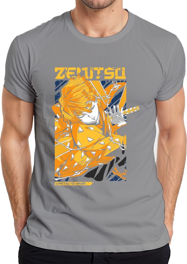 Zenitsu Agatsuma Kimetsu no Yaiba Blitz Schwert Anime Japan Y2K Streetwear Manga Herren T-Shirt, Grau, XL