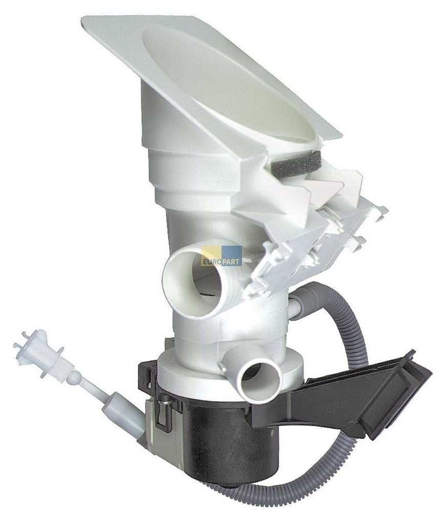 A white washing machine drain pump assembly with a black motor base and grey hoses, set against a white background.