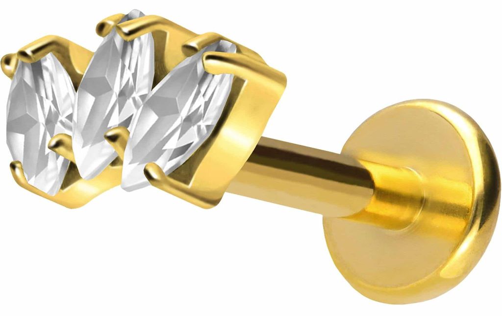 Ohrpiercing, Nasenpiercing Titan Labret mit Push Fit 3 KRISTALLTROPFEN Gold Stablänge: 10mm | Stabstärke: 1,2mm