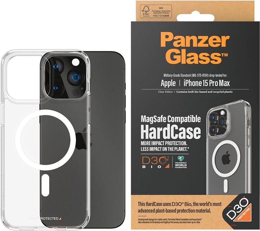 A clear phone case and its packaging are shown side-by-side.