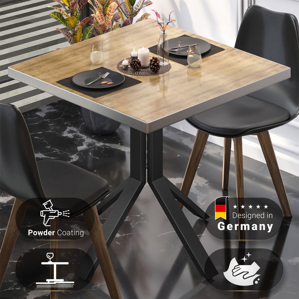 BE | Bistro Tisch | 80 x 80 x 74,5 cm | Quadratisch | Edelstahl Rand | Eiche / Schwarz | Bistrotisch Gastro Tisch