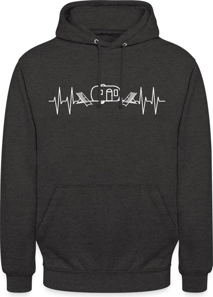 Spreadshirt Herzschlag EKG Camping Wohnwagen Liegestühle Uni Hoodie, L, Anthrazit