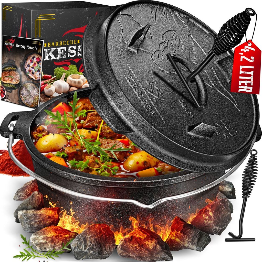 KESSER Dutch Oven Set BBQ Feuertopf Schmortopf, Gusseisen Topf mit Deckelheber Henkel und Schlitz für Themormeter, kochkessel Grilltopf Gulaschk...