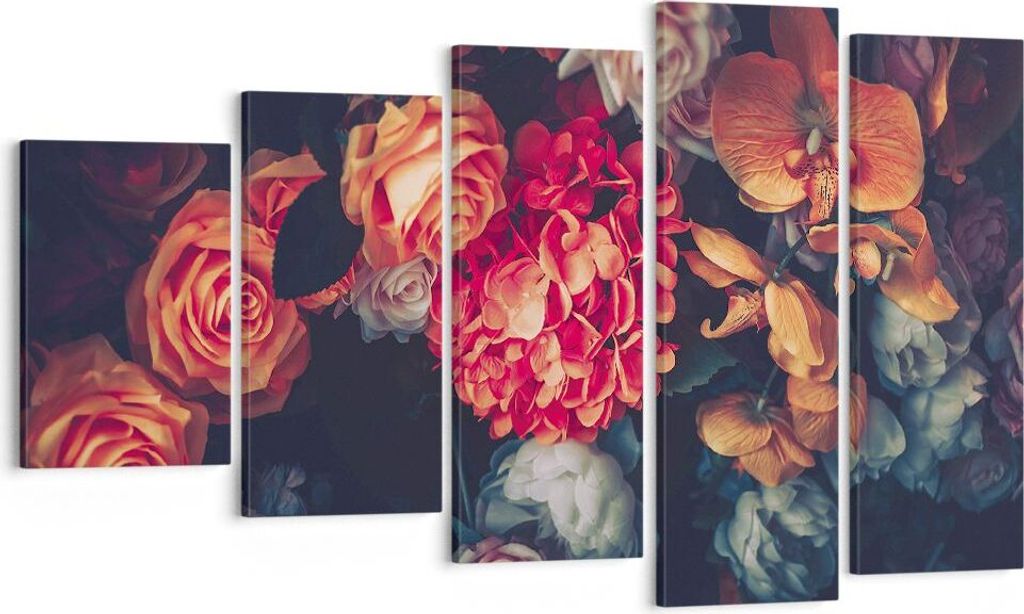 Bild auf Leinwand - Leinwandbild - 5 Teile - Blumenstrauß Blumen Rosen - 100x60cm - Wand Bild - Wanddeko - Wandbilder - Leinwanddruck - Bilder - W...