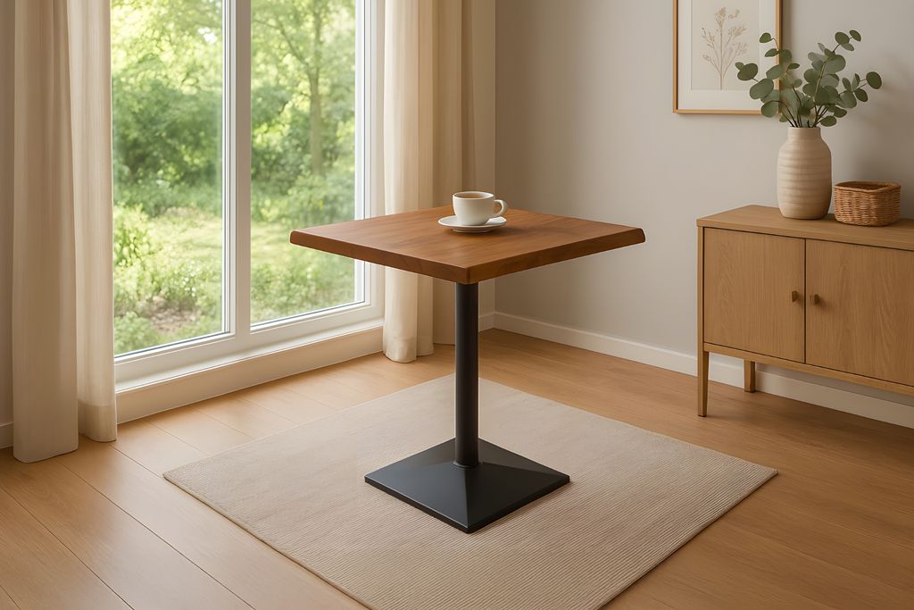 Bistrotisch Baumkante massiv Akazie nussbaum 60 x 60 cm Säulengestell Schwarz INES