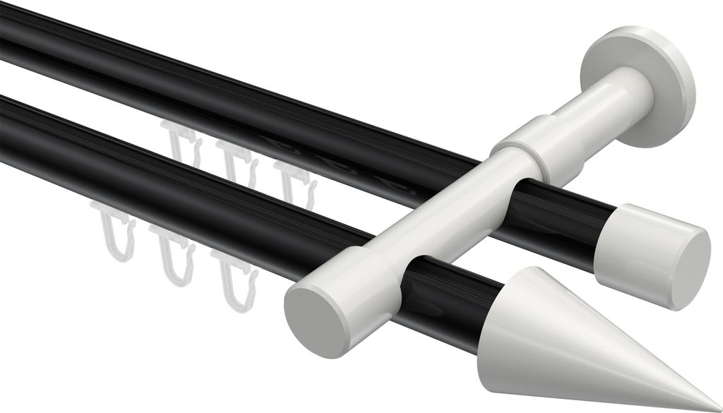 Interdeco Innenlaufstange / Gardinenstange mit Innenlauf Schwarz / Weiß, Typ Prestige Savio (Kegel), 20 mm Ø 2-läufig, 160 cm