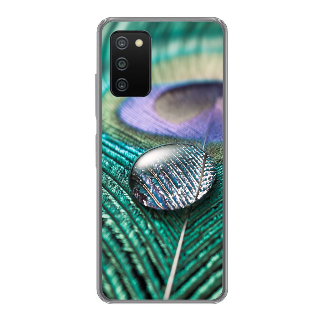 MuchoWow Handyhülle Schutzhülle Hülle für Samsung Galaxy A03s Nahaufnahme eines Wassertropfens auf einer Pfauenfeder Silikon Softcase Handy H...