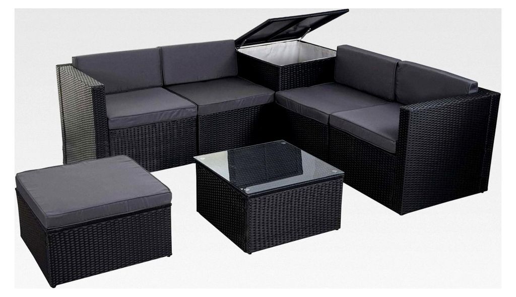 Poly-Rattan-Garnitur Balkon-/Garten-/Lounge-Set Sofa Sitzgruppe mit Staufach - anthrazit, Kissen dunkelgrau