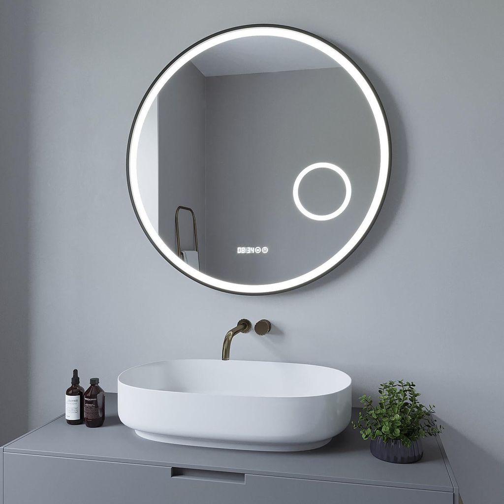 Badezimmerspiegel Wandspiegel 80 cm Rund Schwarz matt Badspiegel mit Beleuchtung Hängespiegel Moderne Wohnzimmerspiegel Runder Dekospiegel Alumini...