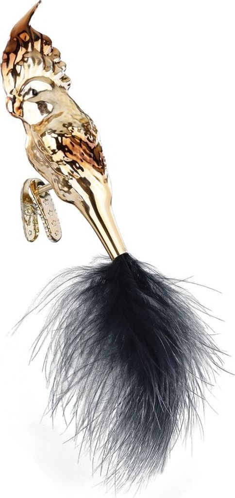 Christbaumschmuck Glas Vogel Papagei mit Federn auf Clip 12cm Beige