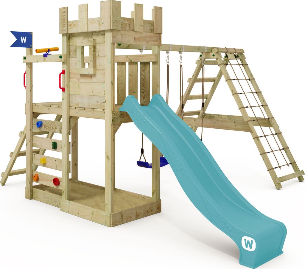 WICKEY Spielturm GateFlyer mit Kletteranbau, Doppelschaukel und Rutsche – türkis