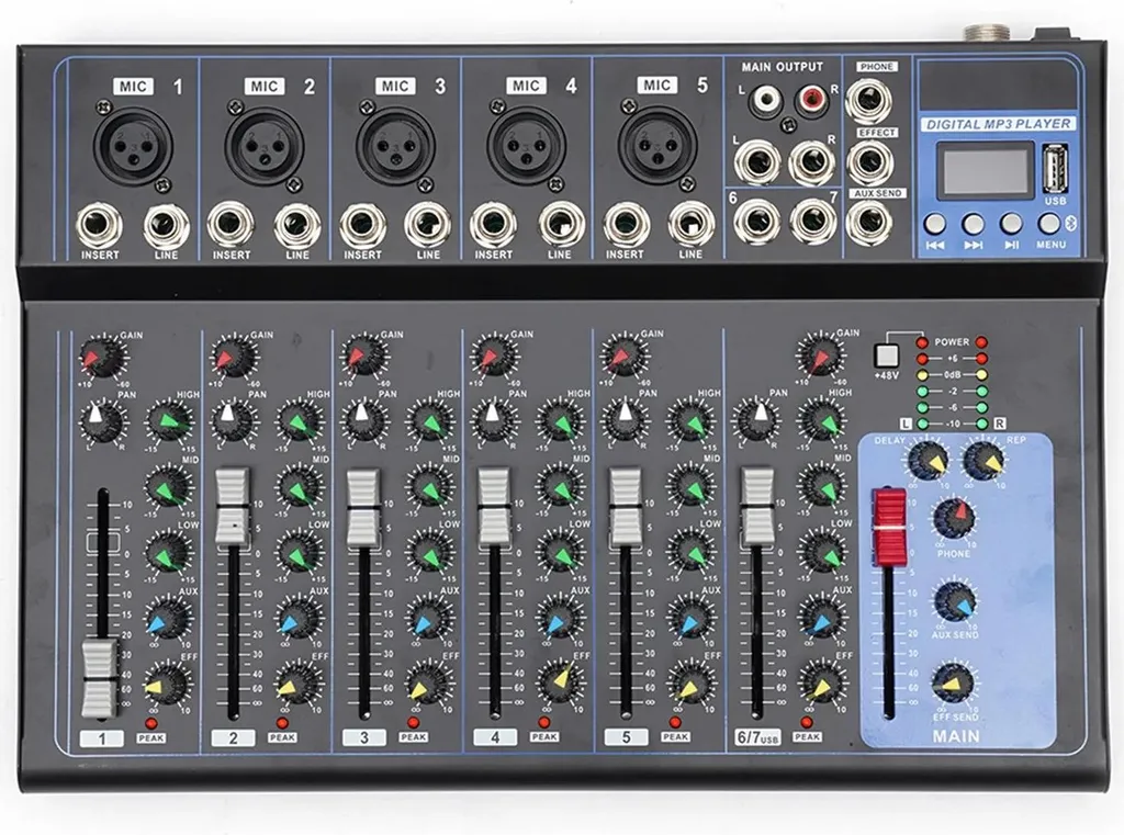 Table de mixage 7 canaux avec égaliseur stéréo console Soundboard noir