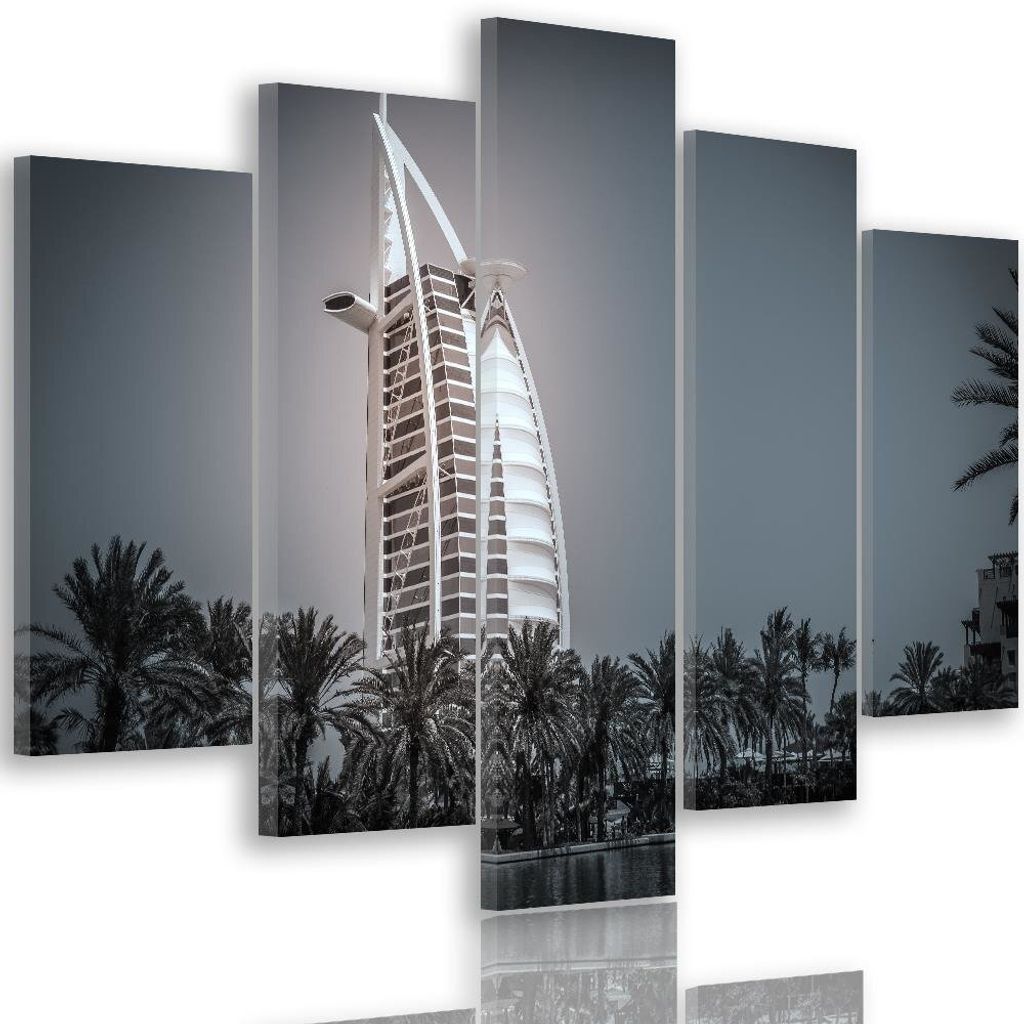 5-teiliges leinwandbild modernes hotel in dubai 150x100 cm Feeby grau wandbild bereit zum aufhängen