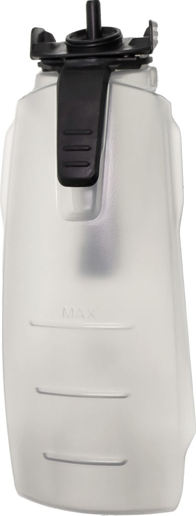A close-up studio shot of a white plastic water tank with a black lid and handle.