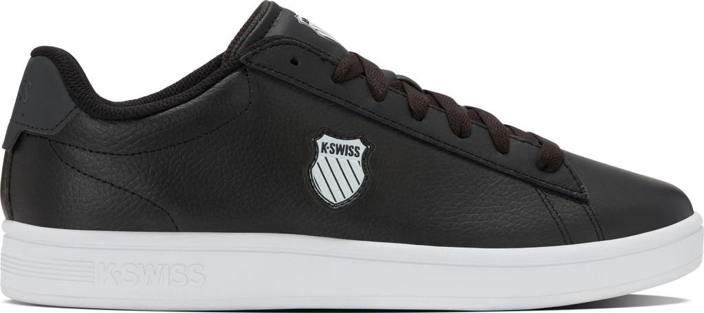 A side view of a black K-Swiss Court Shield II sneaker with a white sole.