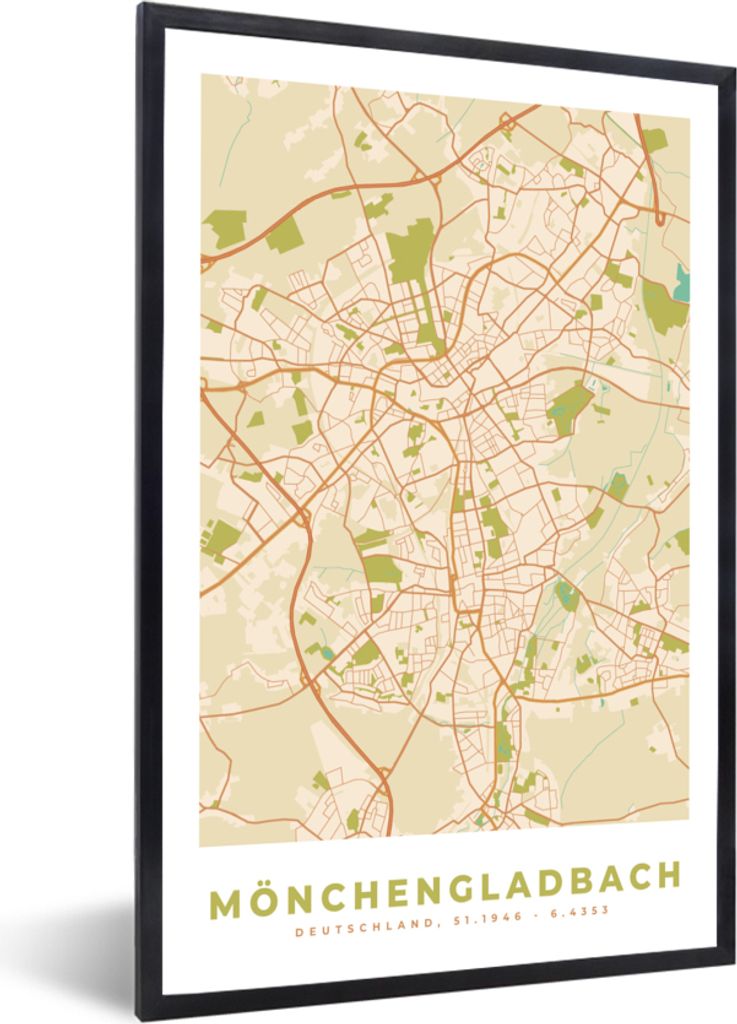 MuchoWow Gerahmtes Poster Karte - Mönchengladbach - Jahrgang - Karte 20x30 cm - Poster mit Schwarzem Bilderrahmen Wandposter Rahmen Foto Bilder ...