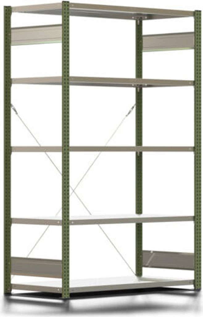 Fachbodenregal mit Tiefenriegel - 250 kg - 2.000 x 1.285 x 600 mm (HxBxT) - Grundregal - Rahmen resedagrün - Böden verzinkt - Steckregal