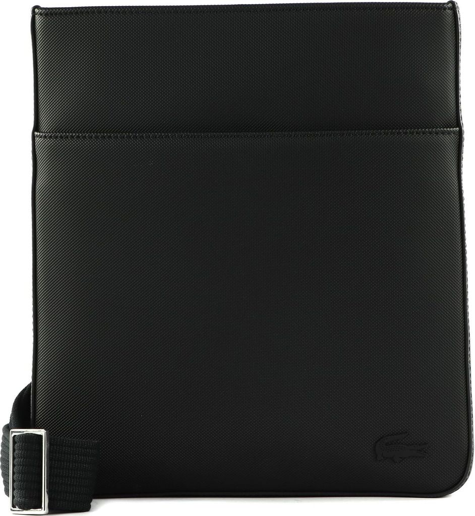 A black Lacoste messenger bag is shown against a white background.