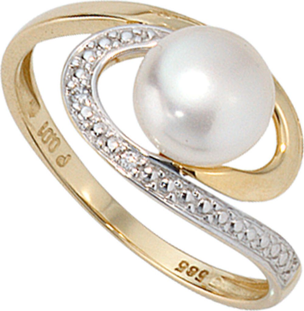 Damenring Zuchtperle & Diamanten Brillanten 585 Gold Gelbgold Fingerschmuck Innenumfang 50mm Ø15.9mm