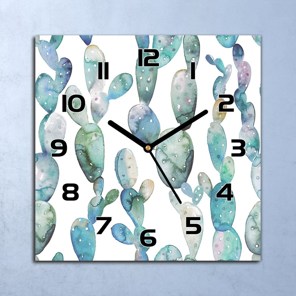 Wanduhr Echt-Glas-Küchenuhr Aquarell Kakteen Quarz Lautlos Produktbild 