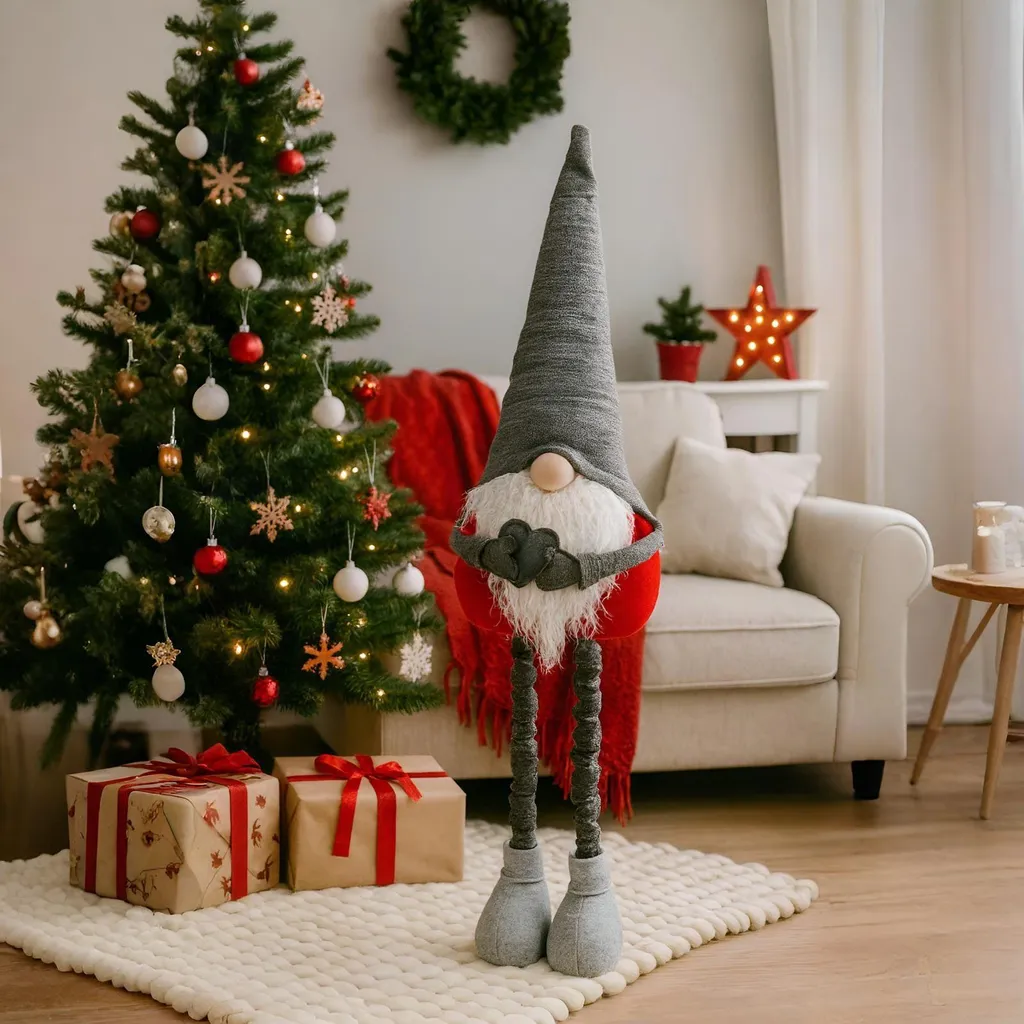 Nain de Noël stable 84 cm - Figurine ajustable qui ne tombe pas - Gris