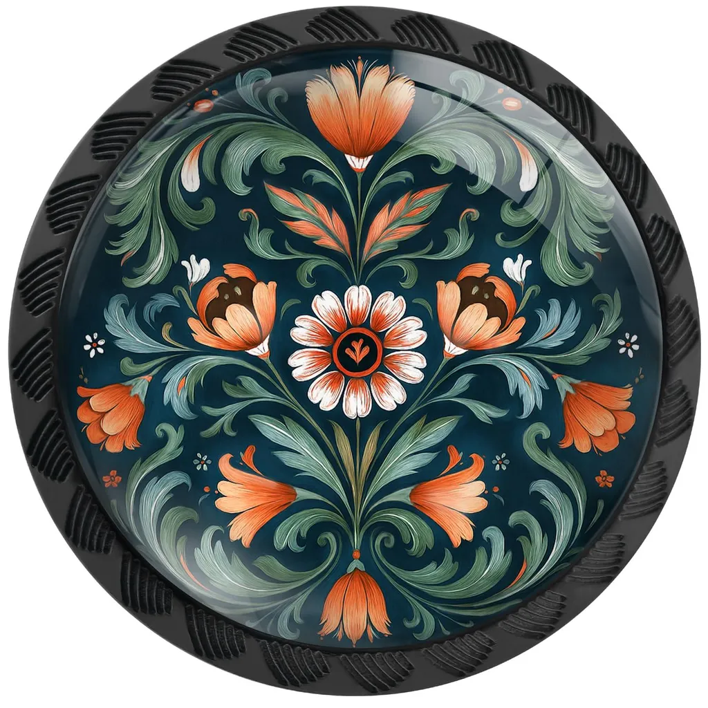 Lot de 4 boutons d'armoire romarin norvégien fleurs vertes et noir