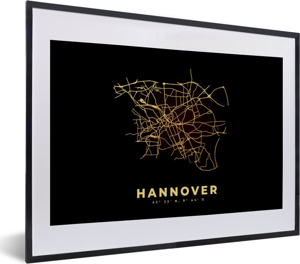 MuchoWow Gerahmtes Poster Schwarz und Gold - Karte - Hannover - Stadtplan - Straßenplan 40x30 cm - Poster mit Schwarzem Bilderrahmen Wandposter ...