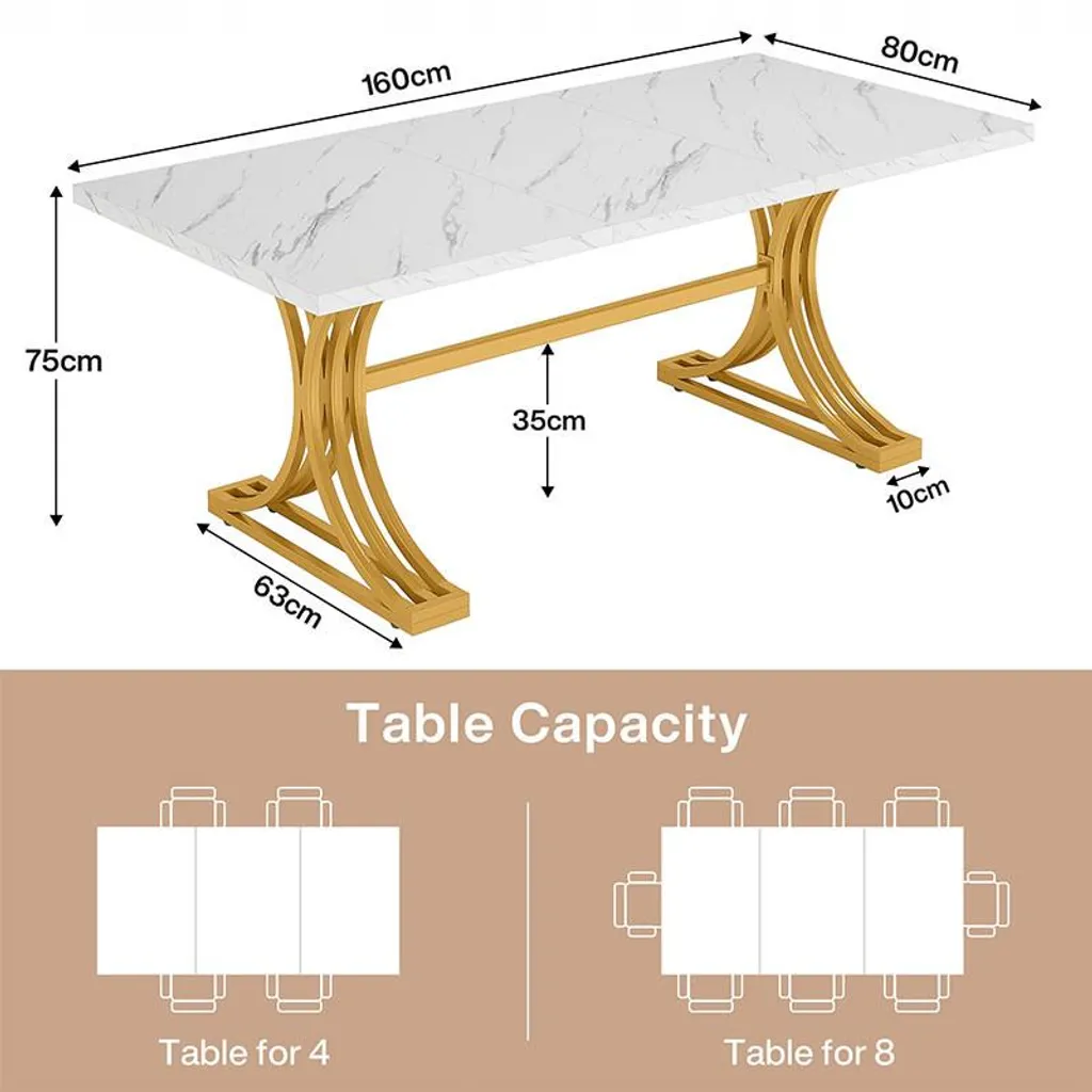 Table rectangulaire 160x80 blanche et dorée - Style scandi-chic HOGA