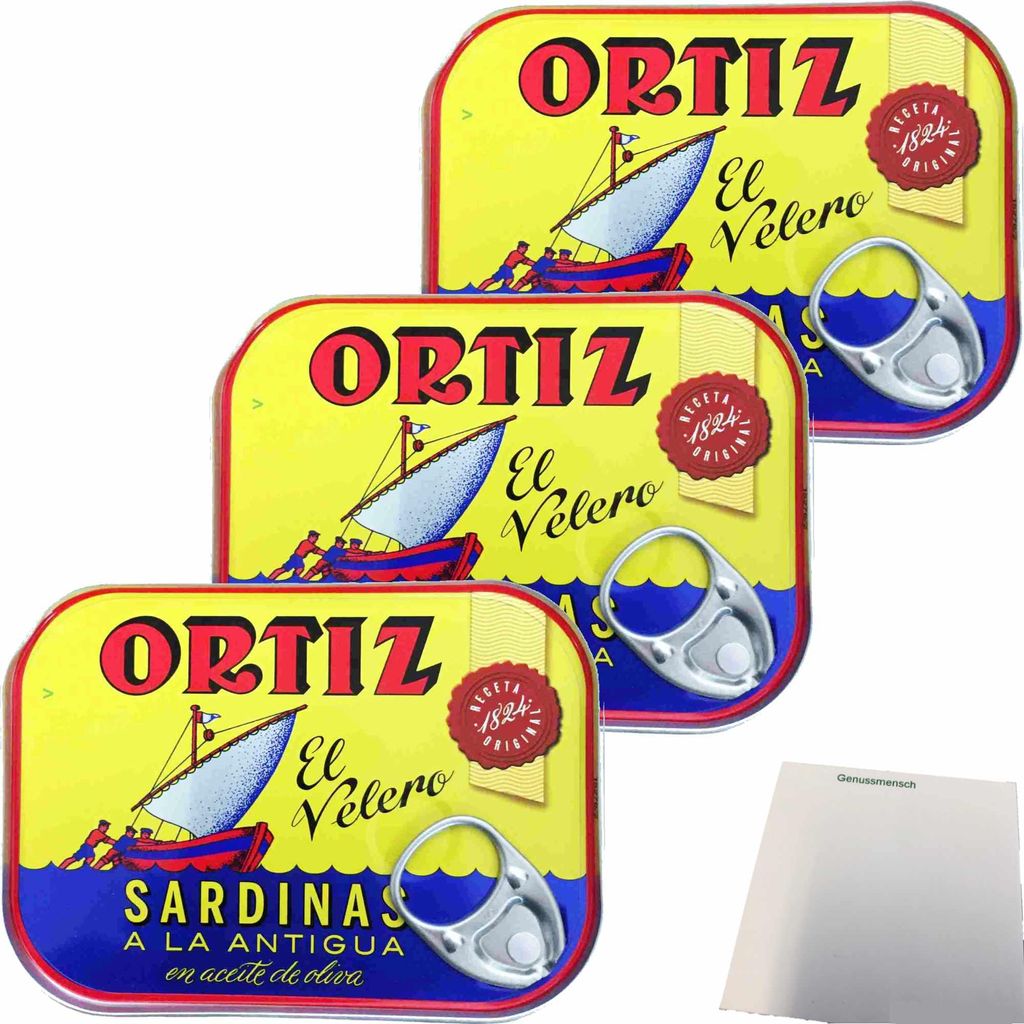 Conservas Ortiz Sardinas a la antiqua Sardinen in Olivenöl 3er Pack (3x140g Dose) + usy Block