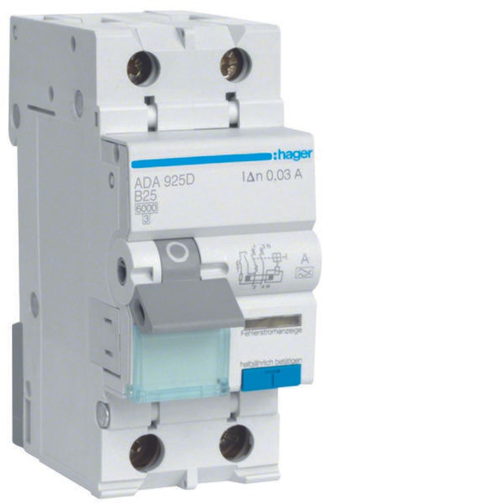HAGER RCBO Fehlerstrom-/Leitungsschutzschalter 1P+N 6kA B25A 30mA Typ A ADA925D