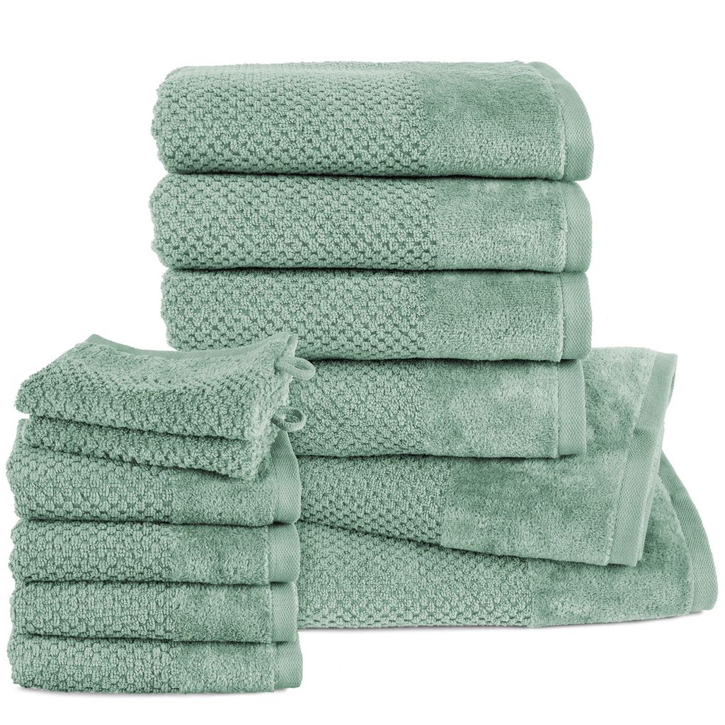 Pure Label 12.TLG Handtücher Set aus Baumwolle - 2x Badetuch 70x140 cm 4x Handtuch 50x100 cm 4x Gästetuch 30x50 cm 2x Waschlappen 16x21 cm, Grün