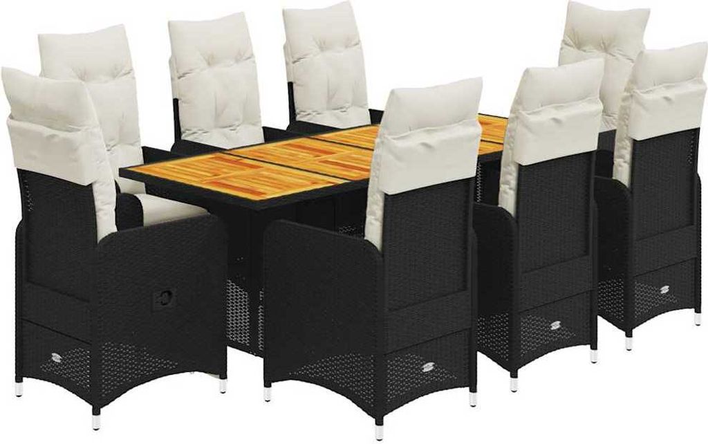 vidaXL 9-tlg. Garten-Bistro-Set mit Kissen Schwarz Poly Rattan
