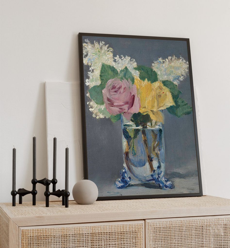 Poster Flieder und Rosen, groesse_poster:40x50 cm, groesse_rahmen:schwarz Passepartout 50x70 cm