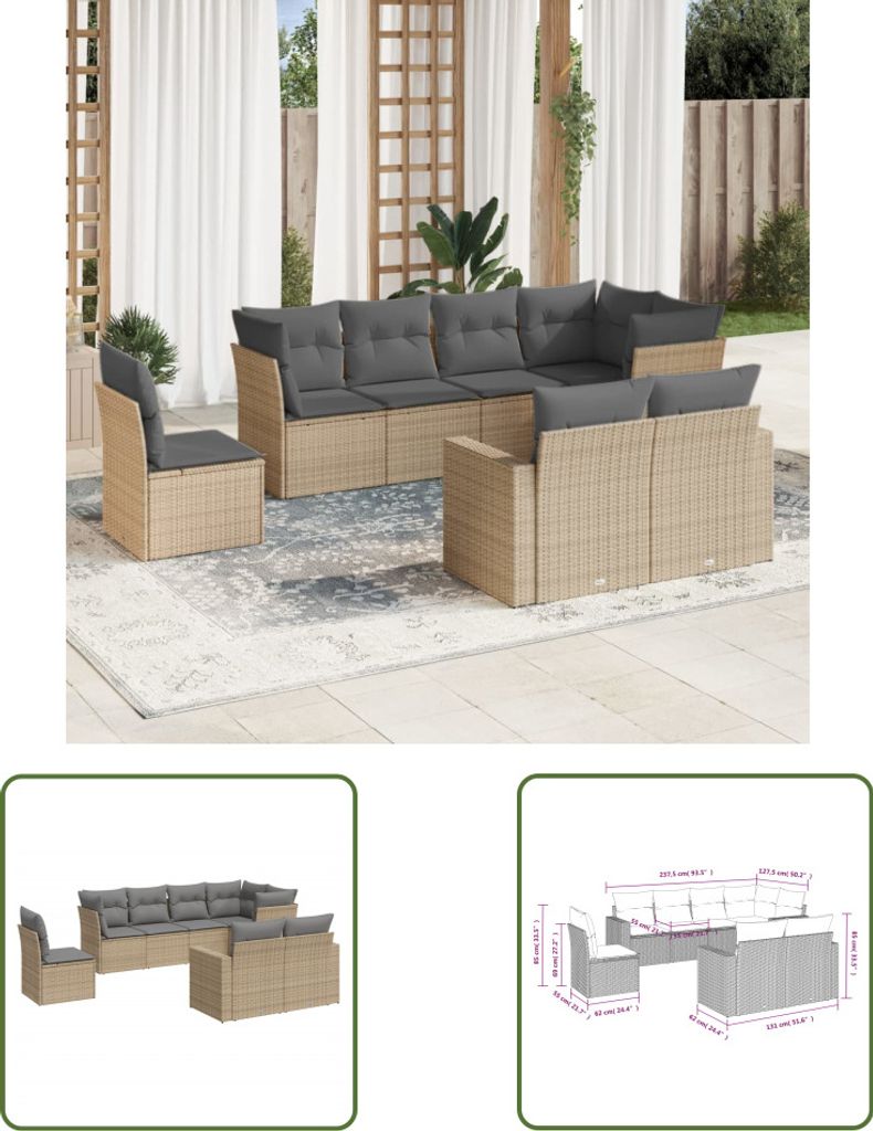 The Living Store 8-tlg. Garten-Sofagarnitur mit Kissen Beige Poly Rattan