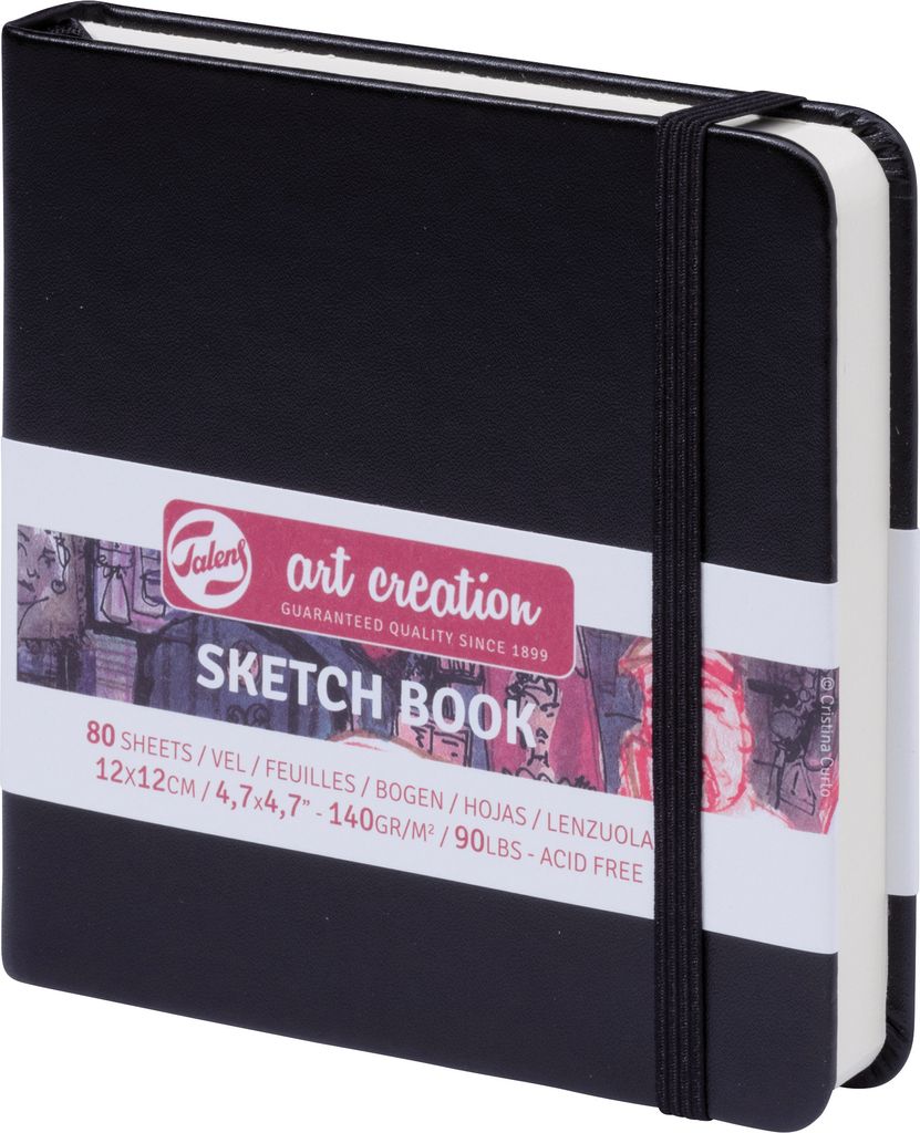 A black sketchbook with a white band around it, showing product details.