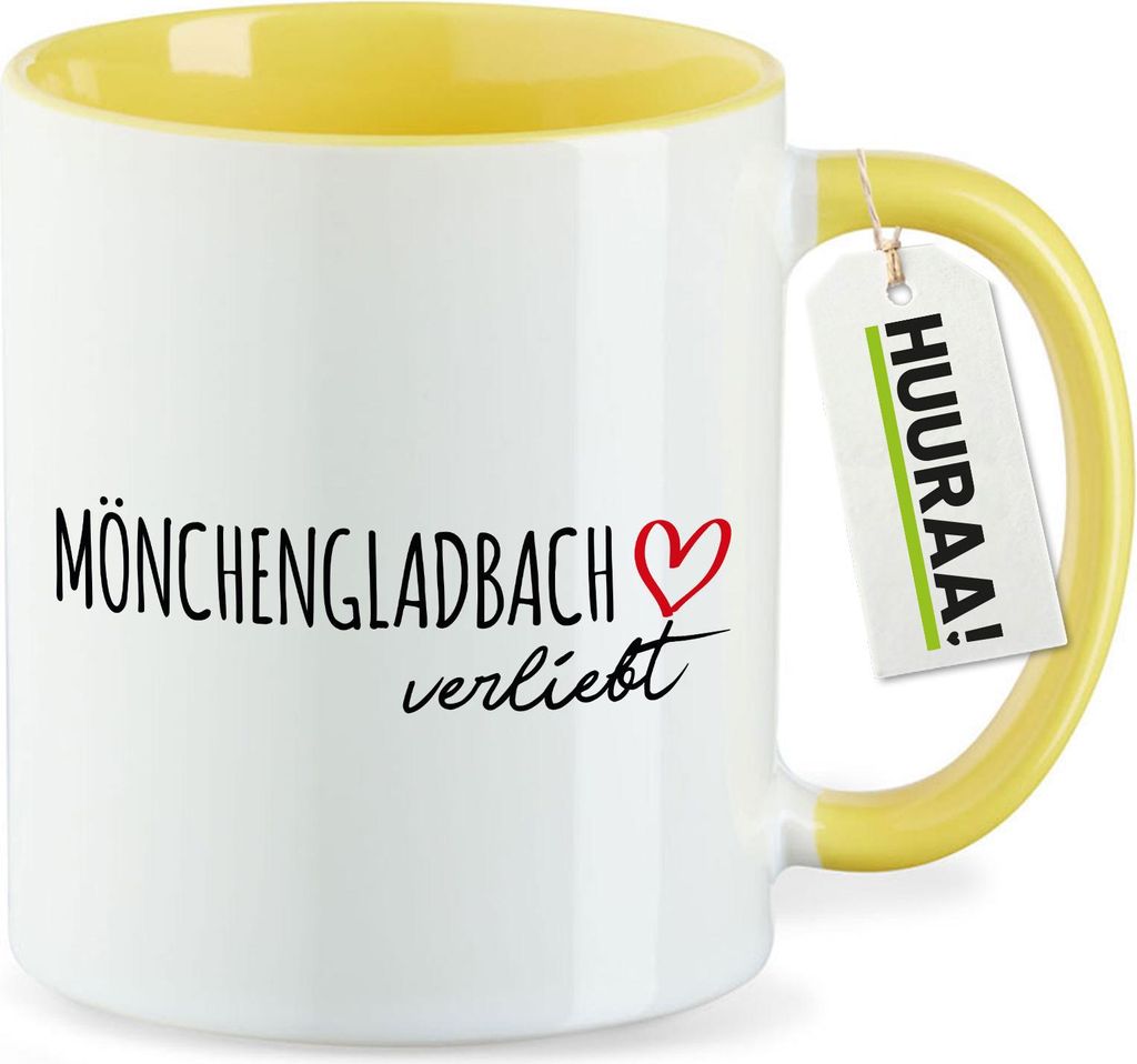 Huuraa Kaffeetasse Mönchengladbach verliebt 330ml Gelb Keramik Kaffeebecher Geschenkidee